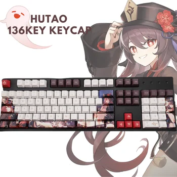 136Keys Genshin Hatása Hutao Keycaps Játék Karakter Billentyűzet Dekoráció Rajongók Otaku Játékos Cosplay Kellékek Anime Keycap
