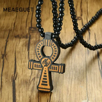 Meaeguet Faragás Ősi Egyiptomi Ankh Medál Nyaklánc Férfi Amulett, A 8 mm-es Fa Gyöngyök Lánc Hossza-90CM
