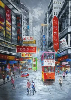 100% - ban Kézzel Festett Vászon Kés Olaj Festmény, Absztrakt Hong Kong Villamosok Utca Vászon Festmény Wall Art Kép az Otthoni Dekoráció