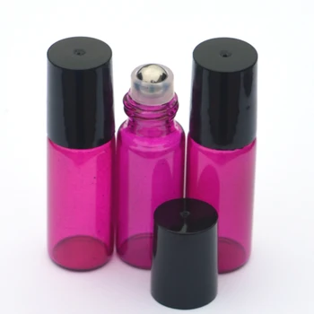 100 Forró 5ml Rose Parfüm Üveg Roll Üveg Aromaterápiás illóolaj Henger Üveg, Fém Golyó Fekete Műanyag Kupak