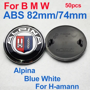 50pcs/szett Kék Fehér alpina 82mm 74mm ABS Fekete Alap 2PINS Autó Elülső Motorháztető Hátsó Csomagtartó Jelkép Boot Takaró Tartozék
