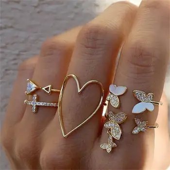 5db/készlet Kereszt, Háromszög Szerelmes Szív Üreges Kristály Csepp Olaj Pillangó Gyűrű Közös Gyűrű Punk Gótikus Gyűrűk Női Ékszerek