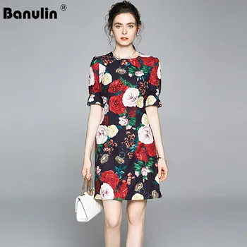 Banulin 2020 luxus Futópálya Nyári Vintage Jacquard, Rövid Ruha, Női Divat Gyöngyös Gyémánt Virág Nyomtatás Fekete Mini Dressess