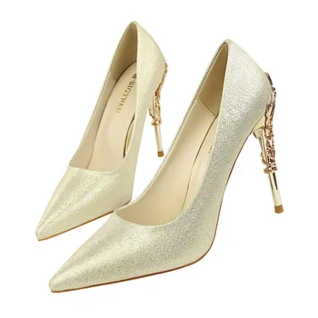 BIGTREE nők szivattyúk Selyem Bozót Esküvői cipő Arany Menyasszonyi cipő fém Áttört 10CM Vékony, Magas sarkú Velúr Hegyes női cipő