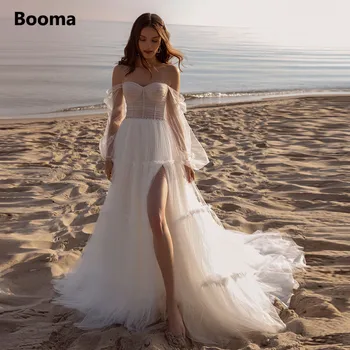 Booma Ki Váll Beach Esküvői Ruhák 2021 Puff Ujjú Többszintű Tulle Menyasszony Ruhák Nagy Rés Nyílt Vissza Egy-Line Esküvői Ruhák