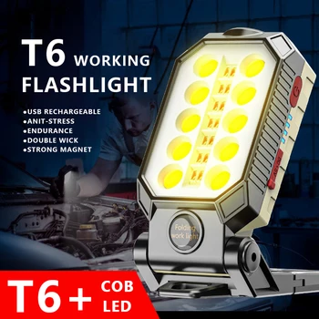 Csepp Szállítási Új Stílusú Hordozható T6 + COB LED USB Tölthető Zseblámpa Mágneses Horog Munka Lámpa Zseblámpa + Beépített Akkumulátor