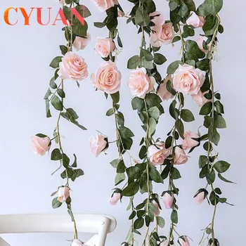 CYUAN 2m művirágok Rose Ivy Szőlő Esküvői Dekoráció Igazi Kapcsolatot Selyem Virág, Koszorú String Indul Haza Lógó Dekoráció