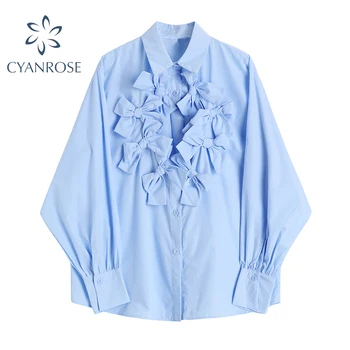 Divat 2021 Őszi Ing, Női Kék Masni Üreges Ki, Hosszú Ujjú Blúz Alkalmi Koreai Stílus Édes Laza Vintage Női Póló