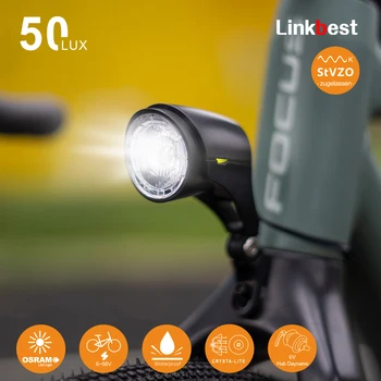 Linkbest 50 Lux Kerékpár Első Lámpa Vízálló Fényszóró Hátsó Kerékpár Lámpa 6V-58V OSRAM LED Hub Dinamo tekerés közben fel is töltheted Escooter