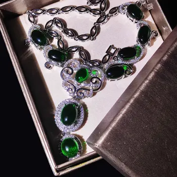 Luxus 925 Sterling Ezüst Smaragd Nyakék Női Zöld Kő Magas Szén-Dioxid-Gyémánt Nyaklánc Nyaklánc Gyönyörű Parti Ékszer