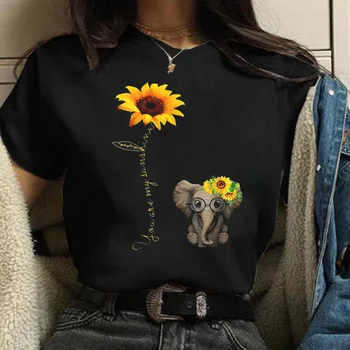 Rajzfilm Napraforgó Elefánt Nyomtatás Póló Női Rövid Ujjú O Nyak, Laza Tshirt Aranyos Női Póló Maximum Camisetas Mujer