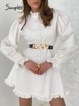 Simplee Elegáns fodros puff ujjú fehér női party ruha Office gomb mini ruha tavasz, ősz-line állni gallér vestidos