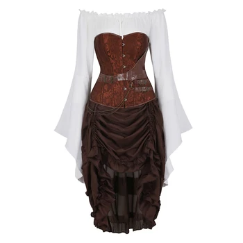 steampunk fűző szoknya Kalóz jelmez nő burleszk gótikus ruha barna fűző top 3-darab fűző ruha a plus size