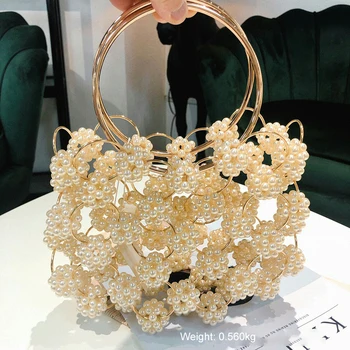 Üreges Ki Gyöngy Virág, Estélyi Táskát Nők Koreai Kézzel Készített Gyűrű Kezelni Luxus Táska Női Gyöngyös Este Fél Kuplung Táska Arany