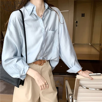 Őszi 2022 hongkongi Stílus Vintage Hosszú Póló, a Nők Teljes Ujjú Kék Blúz Office Lady Plus Size Laza 4XL Maximum Blusas 12357